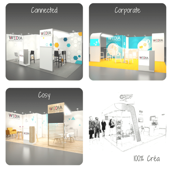 Cette image présente les packs de stands modulaires proposés par WEDIA : Le cosy, le connected, le corporate et le 100% créa